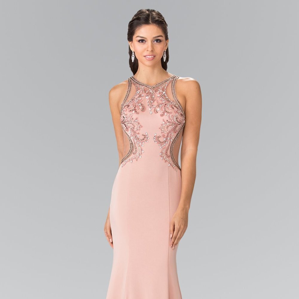 NEW SLEEVELESS SHEATH EMBROIDERED DRESS WITH HIGH NECKLINE & ZIPPER BACK GL2237
